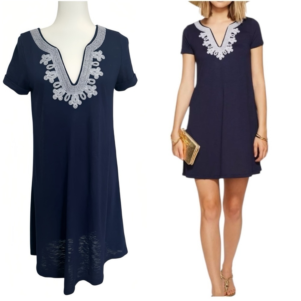 Lilly Pulitzer MAISY Swing T-Shirt Dress True Navy with White Embroidery Size S